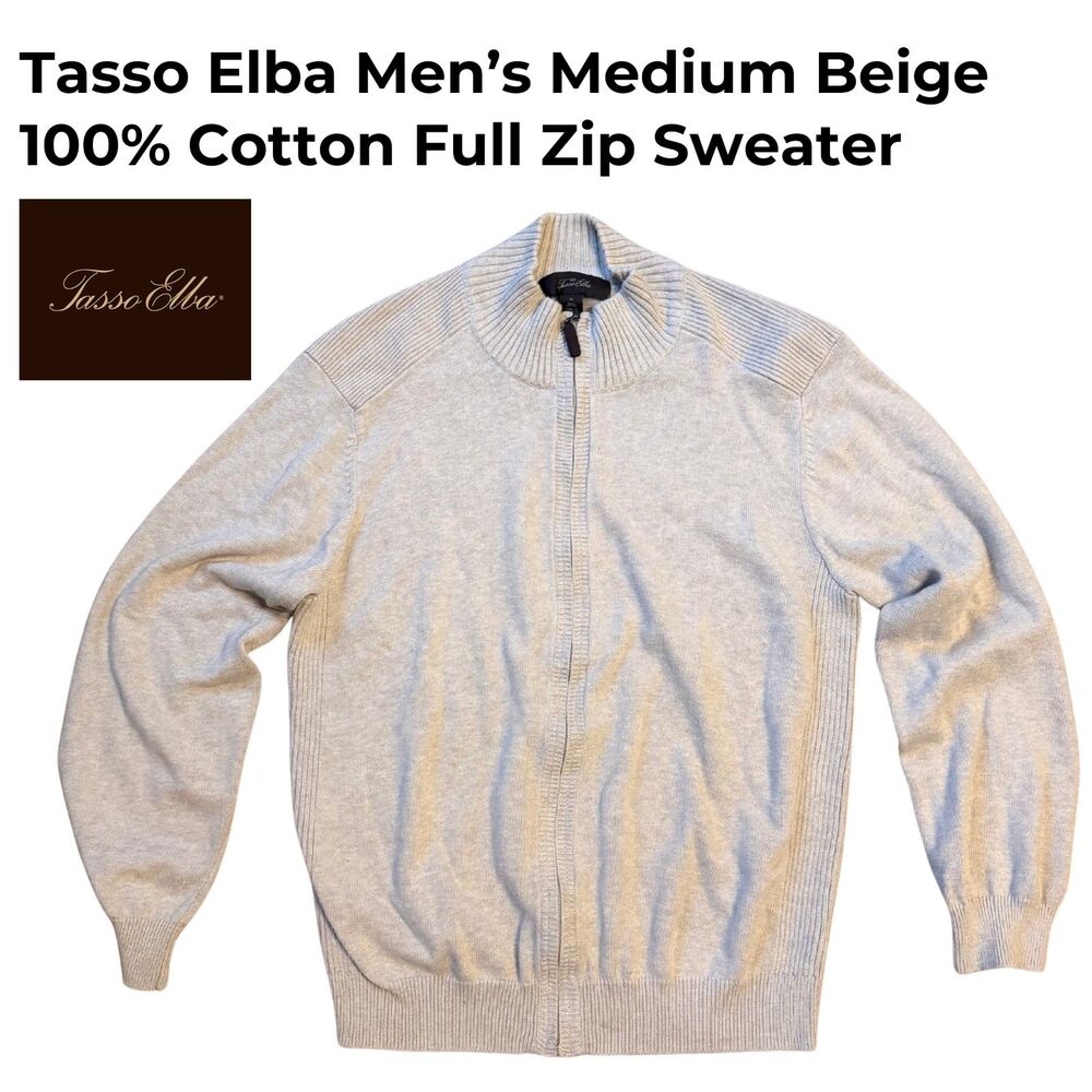 Tasso Elba Men’s Medium Beige 100% Cotton Full Zip Sweater